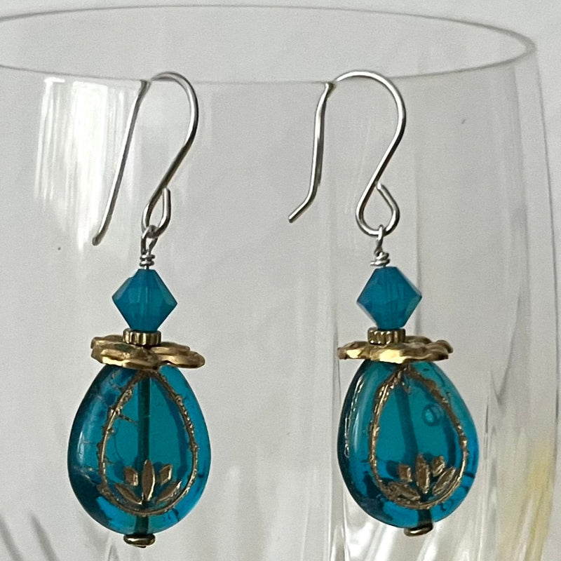 Czech Glass Caribbean Blue Lotus Earrings, Mixed Metal