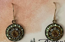 Load image into Gallery viewer, Vintage Three Layer Swarovski Crystal Filigree Earrings in Light Green and Topaz, Mixed Metal
