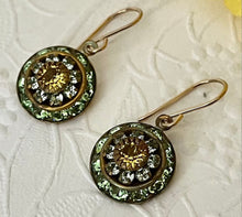 Load image into Gallery viewer, Vintage Three Layer Swarovski Crystal Filigree Earrings in Light Green and Topaz, Mixed Metal
