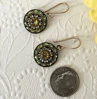 Vintage Three Layer Swarovski Crystal Filigree Earrings in Light Green and Topaz, Mixed Metal