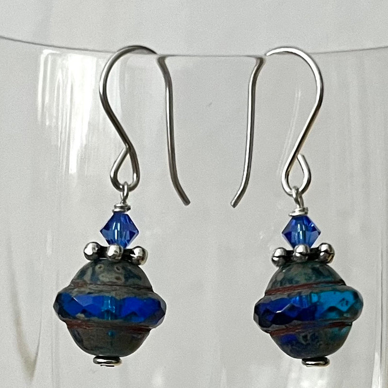 Czech Glass Navy Blue Saturn Earrings in Sterling Silver