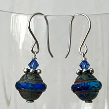 Load image into Gallery viewer, Czech Glass Navy Blue Saturn Earrings in Sterling Silver
