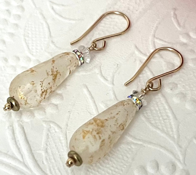 Czech Glass Ivory Faceted Dangle Drop Earrings in 14K Gold Fill