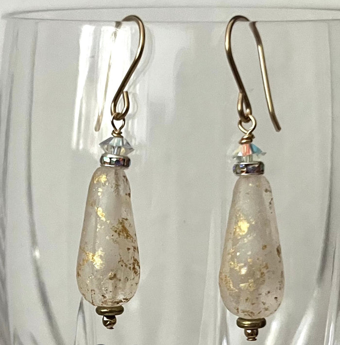 Czech Glass Ivory Faceted Dangle Drop Earrings in 14K Gold Fill