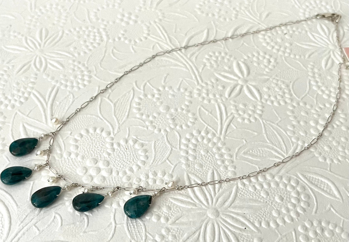 Apatite Briollet and Freshwater Pearl Necklace in Sterling Silver