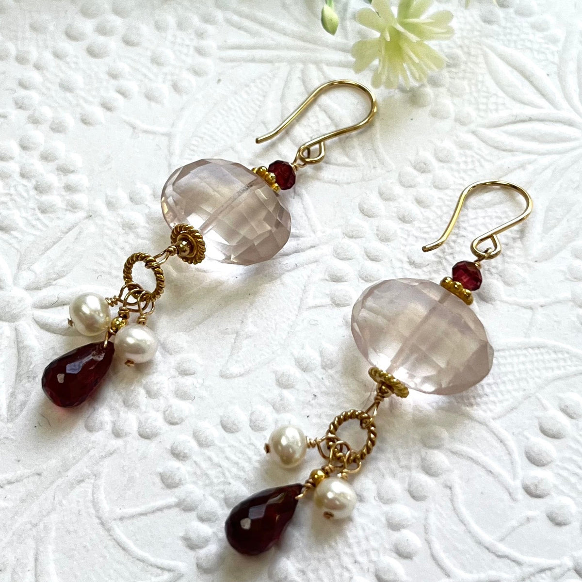 Rose Quartz Nugget, Garnet and Freshwater Pearl Earrings in 14K Gold Fill