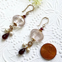 Rose Quartz Nugget, Garnet and Freshwater Pearl Earrings in 14K Gold Fill