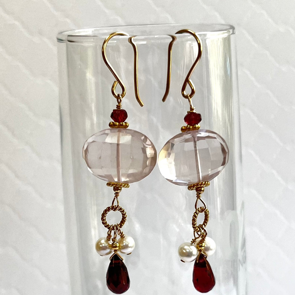 Rose Quartz Nugget, Garnet and Freshwater Pearl Earrings in 14K Gold Fill