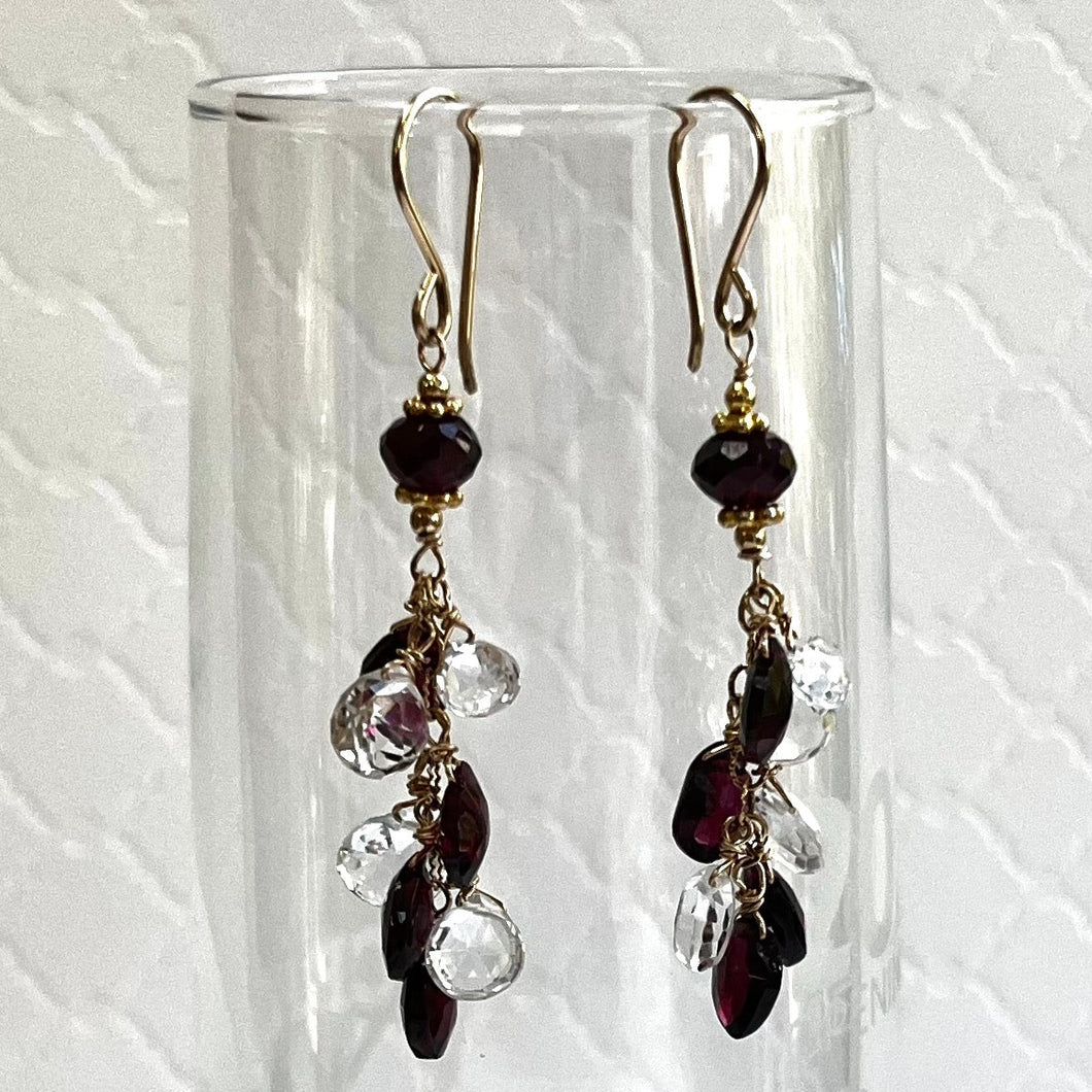 Garnet and White Topaz Briollet Dangle Earrings in 14K Gold Fill