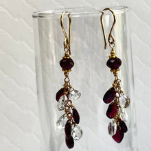 Load image into Gallery viewer, Garnet and White Topaz Briollet Dangle Earrings in 14K Gold Fill
