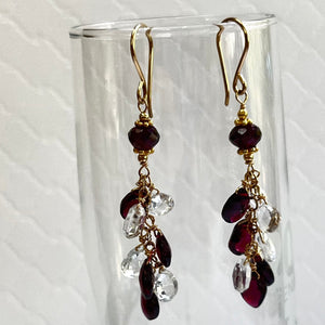 Garnet and White Topaz Briollet Dangle Earrings in 14K Gold Fill