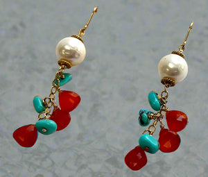 Multi Gemstone and Freshwater Pearl Dangle Earrings in 14K Gold Fill