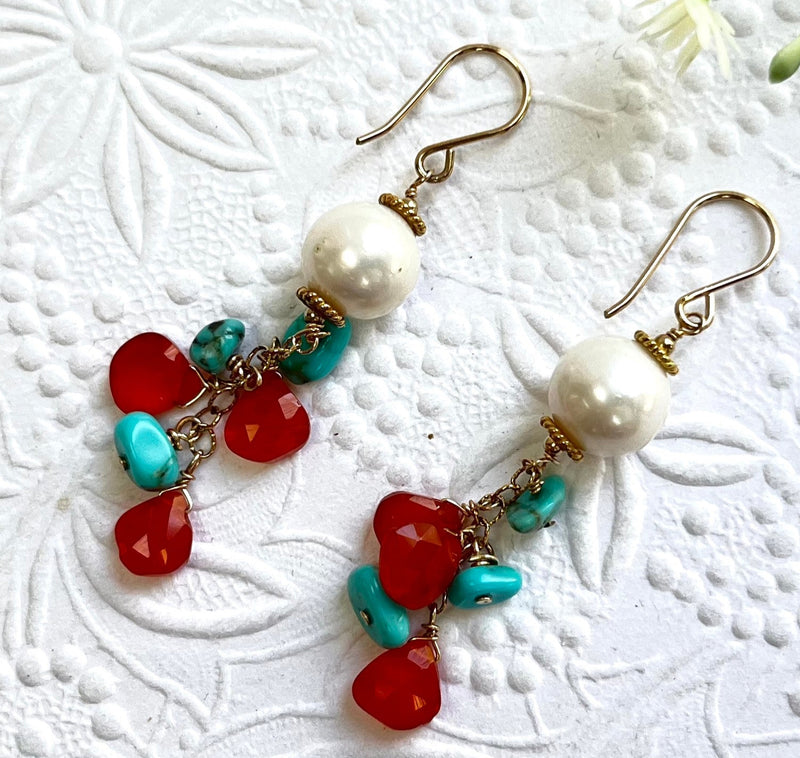 Multi Gemstone and Freshwater Pearl Dangle Earrings in 14K Gold Fill