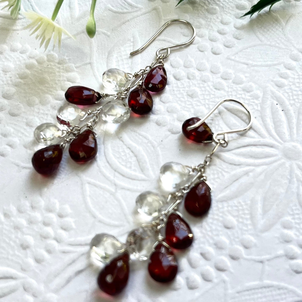 Garnet and White Topaz Briollet Dangle Earrings in Sterling Silver