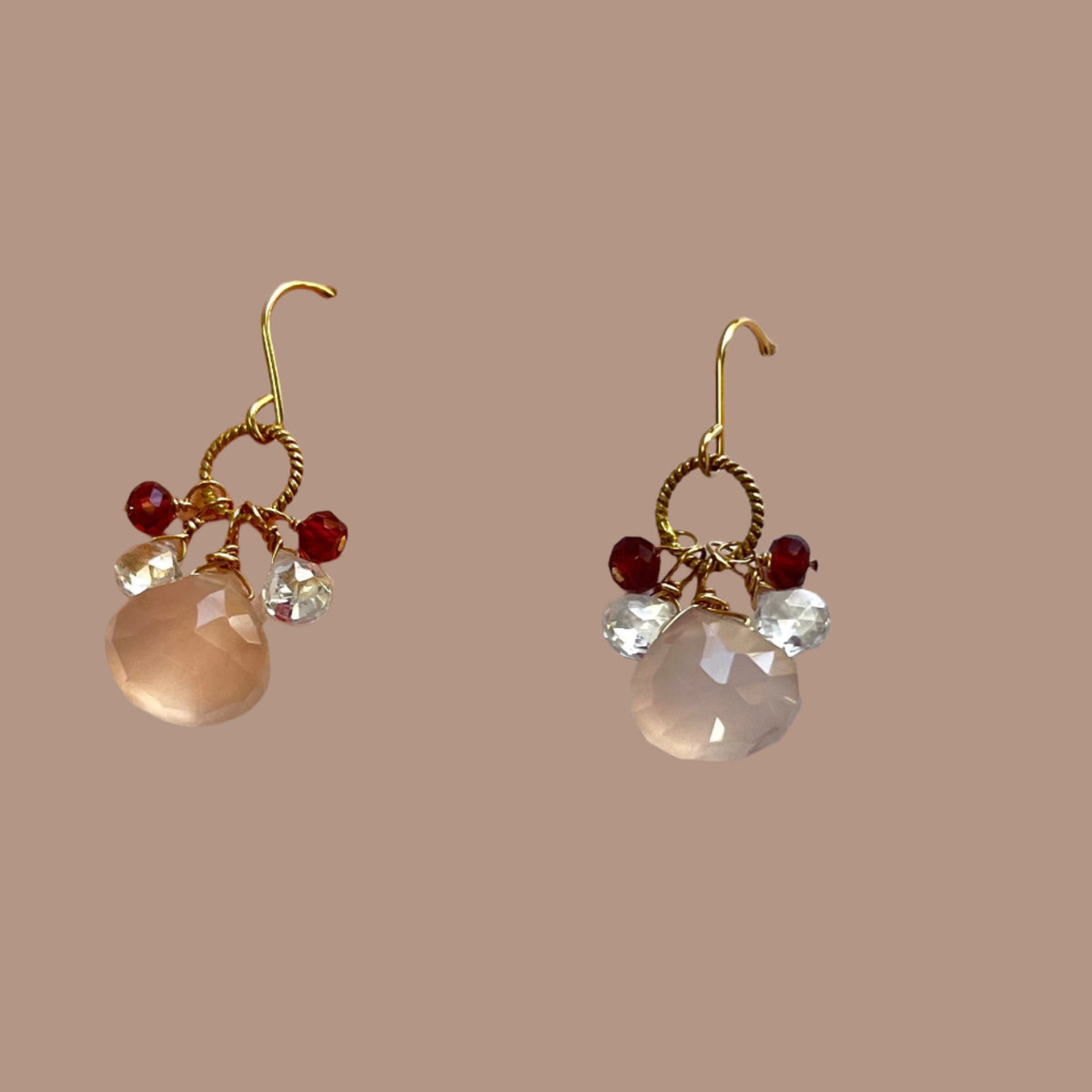 Pink Chalcedony, Garnet and White Topaz Cluster Earrings in 14K Gold Fill