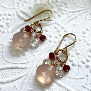 Pink Chalcedony, Garnet and White Topaz Cluster Earrings in 14K Gold Fill