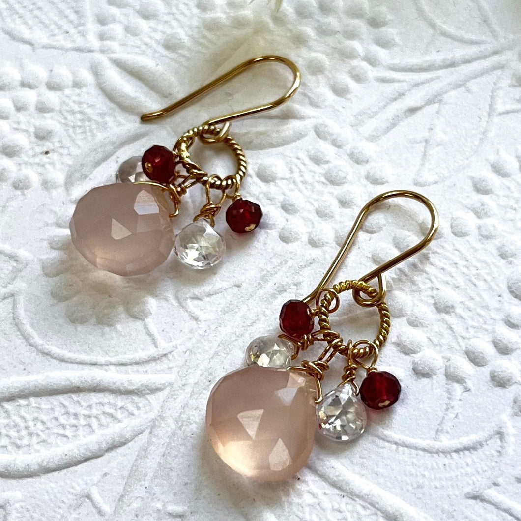 Pink Chalcedony, Garnet and White Topaz Cluster Earrings in 14K Gold Fill