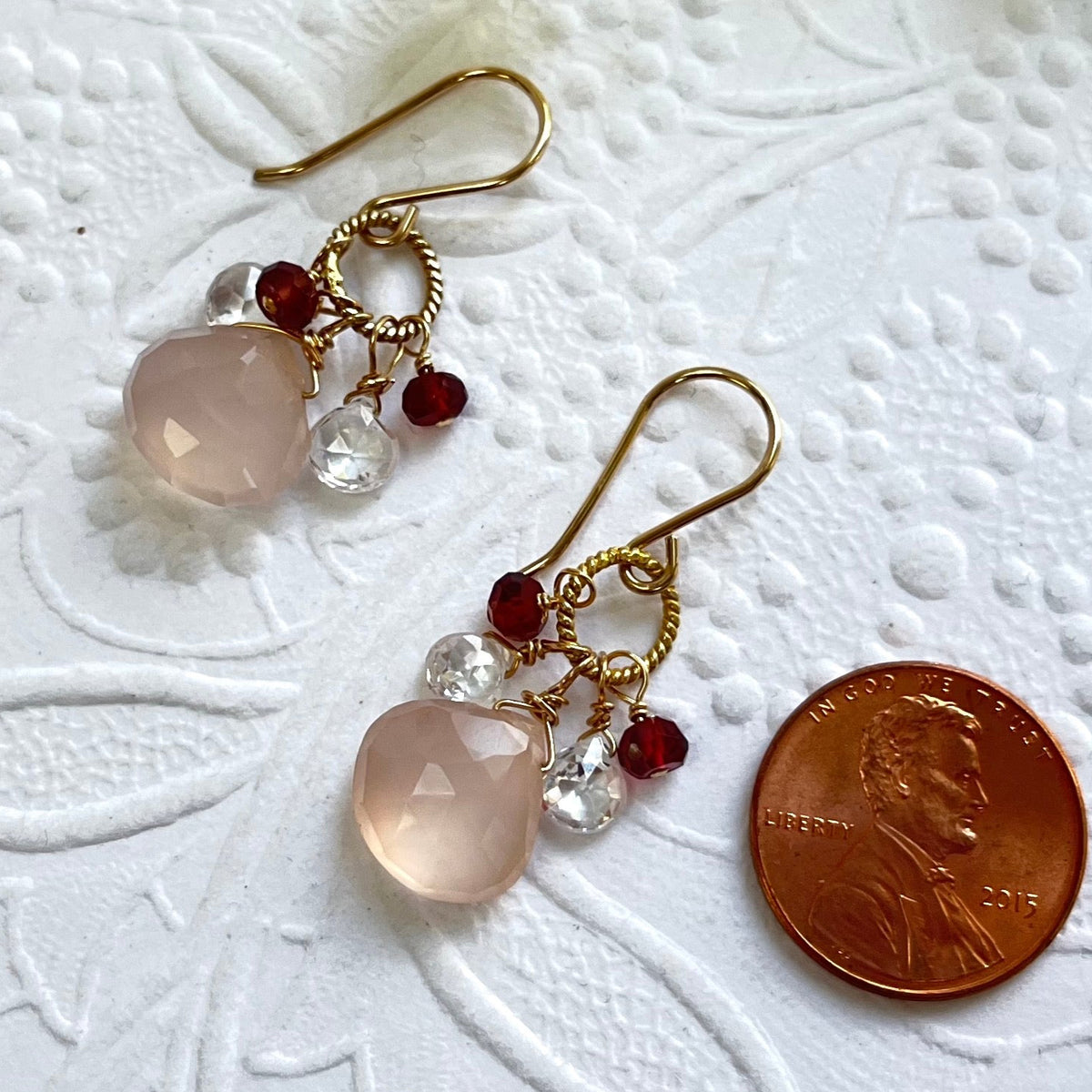 Pink Chalcedony, Garnet and White Topaz Cluster Earrings in 14K Gold Fill