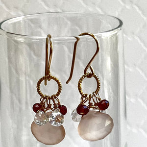 Pink Chalcedony, Garnet and White Topaz Cluster Earrings in 14K Gold Fill