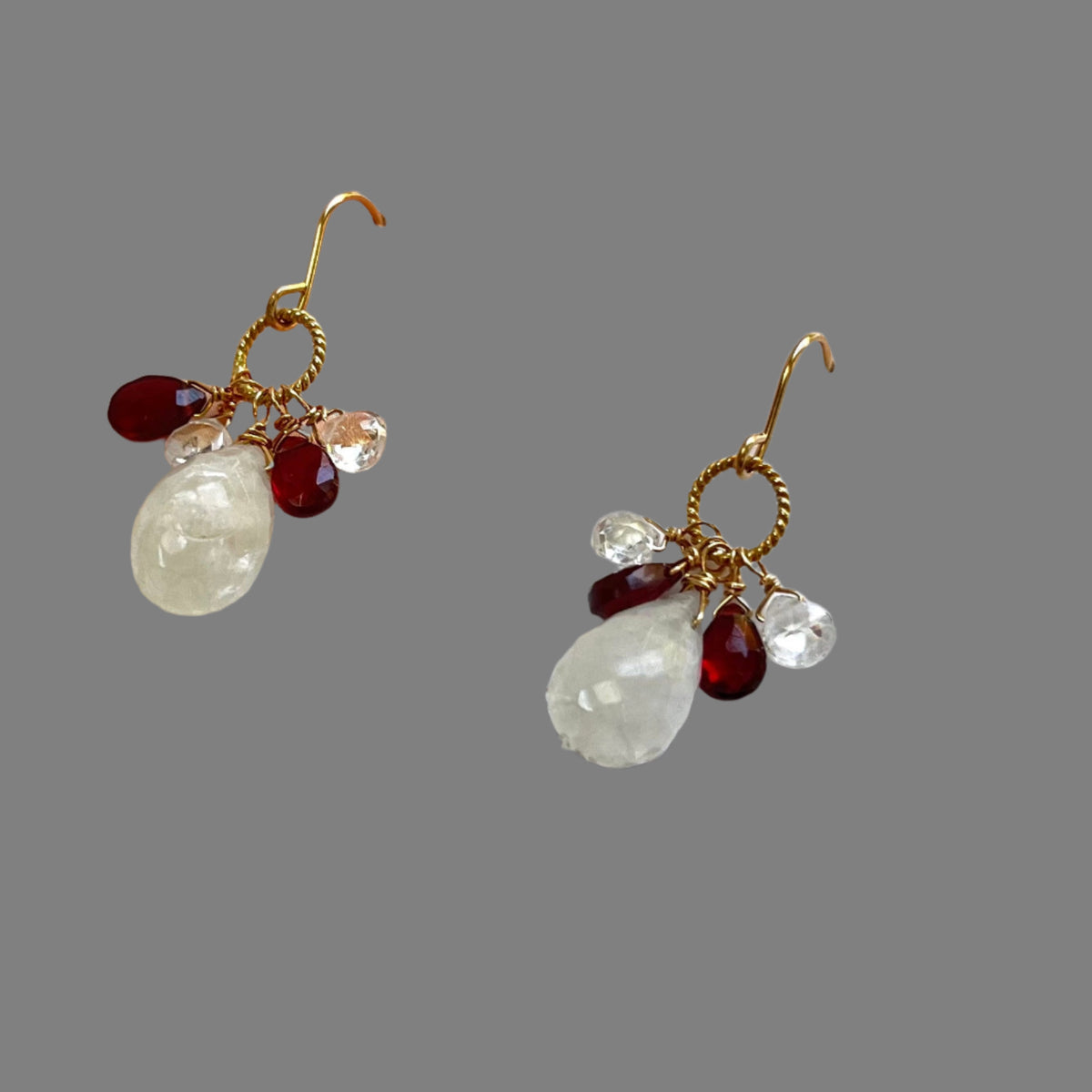 Moonstone, Garnet and White Topaz Briollet Earrings in 14K Gold Fill