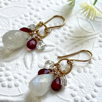 Moonstone, Garnet and White Topaz Briollet Earrings in 14K Gold Fill