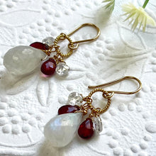 Load image into Gallery viewer, Moonstone, Garnet and White Topaz Briollet Earrings in 14K Gold Fill
