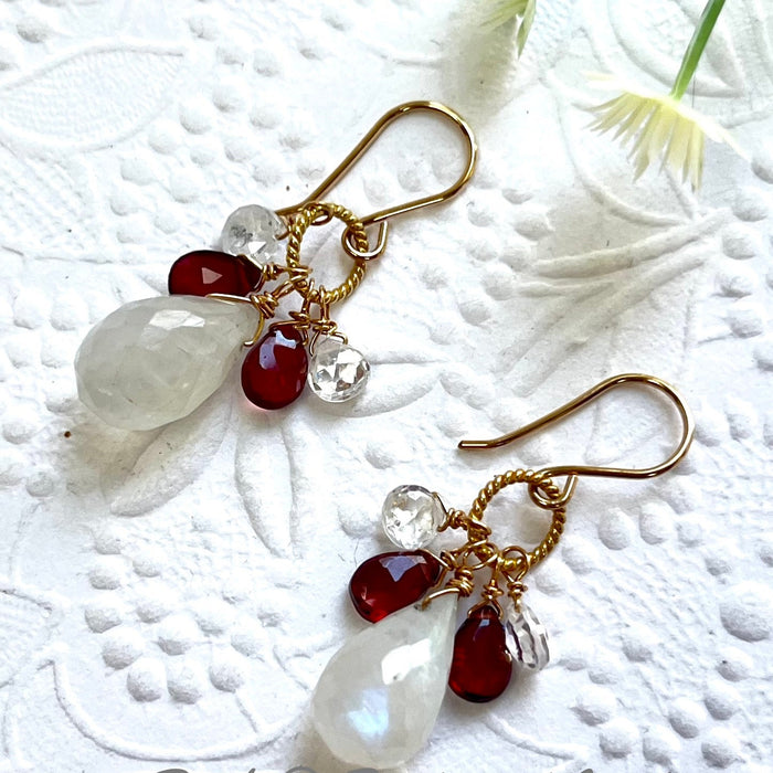 Moonstone, Garnet and White Topaz Briollet Earrings in 14K Gold Fill