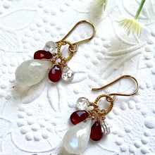 Load image into Gallery viewer, Moonstone, Garnet and White Topaz Briollet Earrings in 14K Gold Fill
