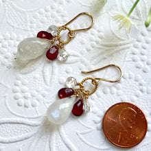 Load image into Gallery viewer, Moonstone, Garnet and White Topaz Briollet Earrings in 14K Gold Fill
