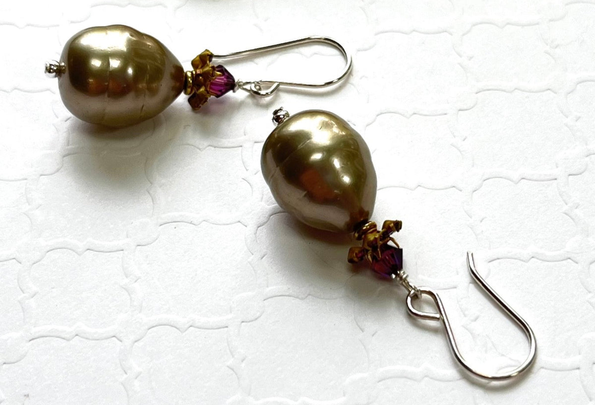 Shell "Pearl" Silver Teardrop and Swarovski Crystal Drop Earrings in Sterling Silver