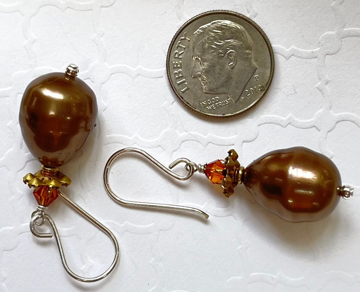 Shell "Pearl" Bronze Teardrop and Swarovski Crystal Drop Earrings in Sterling Silver