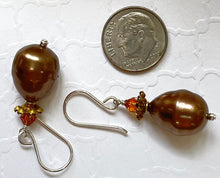 Load image into Gallery viewer, Shell &quot;Pearl&quot; Bronze Teardrop and Swarovski Crystal Drop Earrings in Sterling Silver
