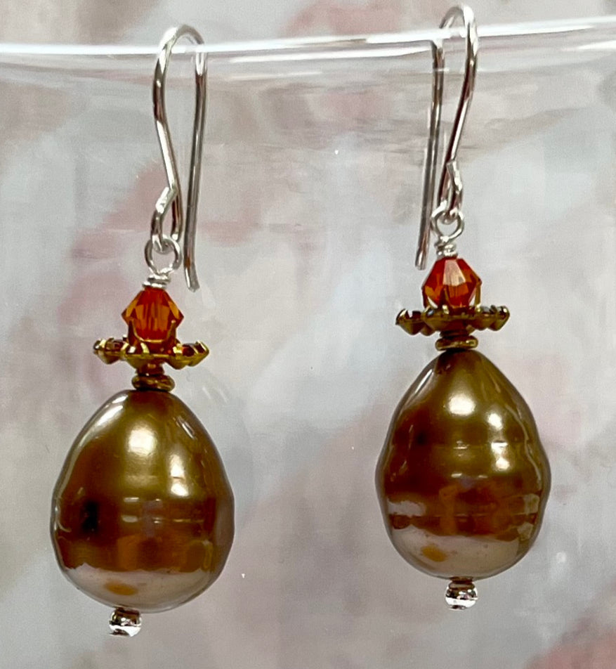 Shell "Pearl" Bronze Teardrop and Swarovski Crystal Drop Earrings in Sterling Silver