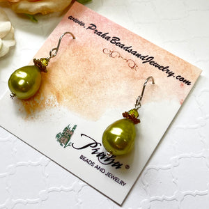 Shell "Pearl" Green Teardrop and Swarovski Crystal Drop Earrings in Sterling Silver