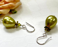 Shell "Pearl" Green Teardrop and Swarovski Crystal Drop Earrings in Sterling Silver