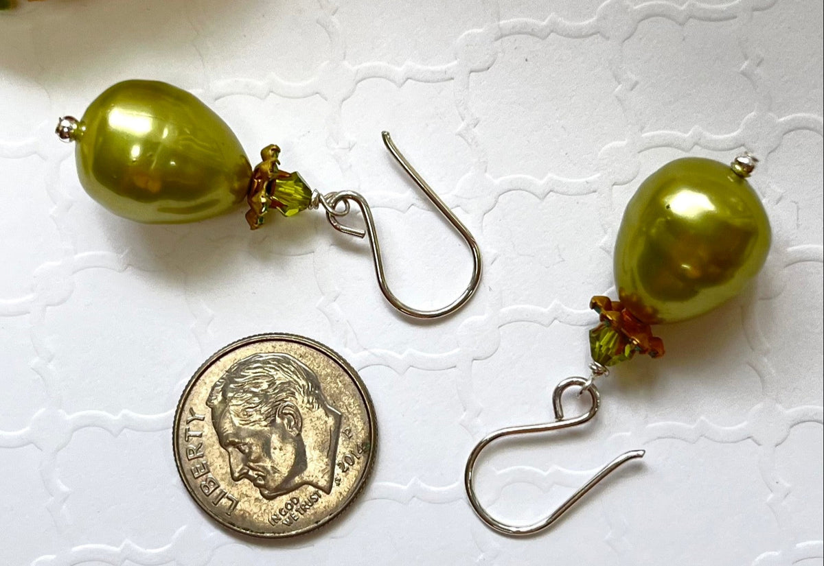 Shell "Pearl" Green Teardrop and Swarovski Crystal Drop Earrings in Sterling Silver