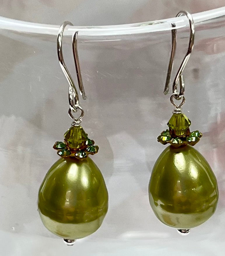 Shell "Pearl" Green Teardrop and Swarovski Crystal Drop Earrings in Sterling Silver