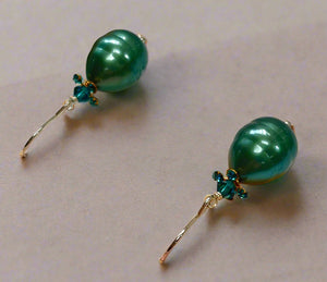 Shell "Pearl" Teal Teardrop and Swarovski Crystal Drop Earrings in Sterling Silver