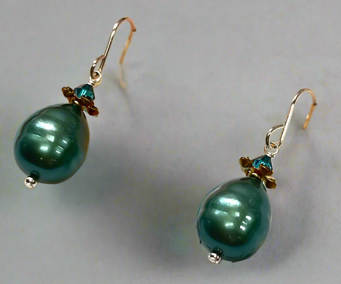 Shell "Pearl" Teal Teardrop and Swarovski Crystal Drop Earrings in Sterling Silver