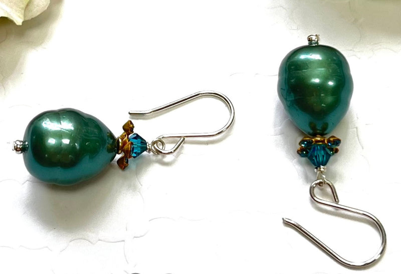 Shell "Pearl" Teal Teardrop and Swarovski Crystal Drop Earrings in Sterling Silver