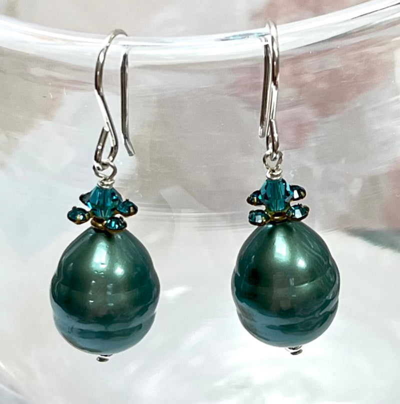 Shell "Pearl" Teal Teardrop and Swarovski Crystal Drop Earrings in Sterling Silver