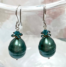 Load image into Gallery viewer, Shell &quot;Pearl&quot; Teal Teardrop and Swarovski Crystal Drop Earrings in Sterling Silver
