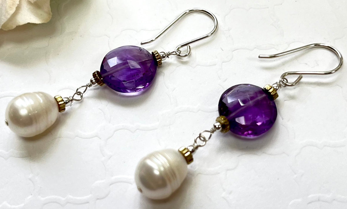 Amethyst and Freshwater Pearl Earrings in Sterling Silver