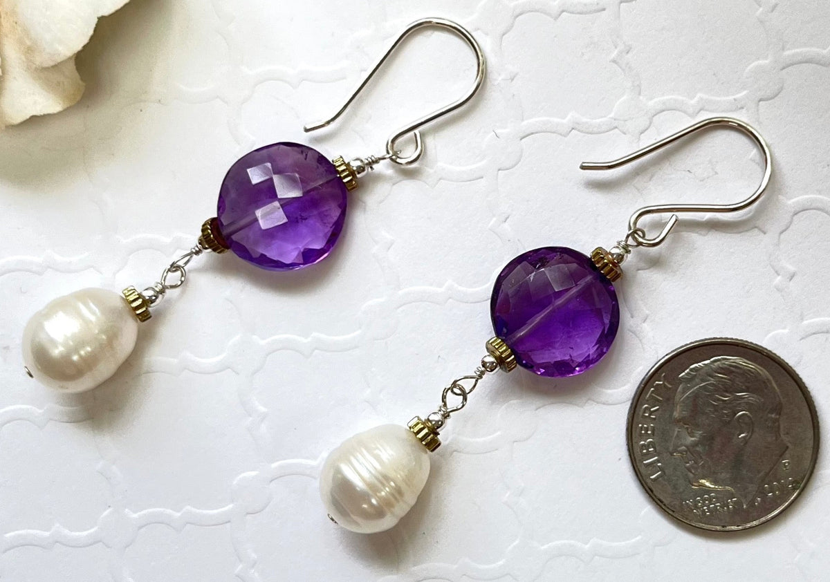 Amethyst and Freshwater Pearl Earrings in Sterling Silver