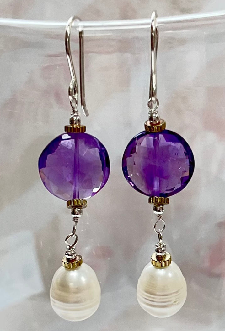 Amethyst and Freshwater Pearl Earrings in Sterling Silver