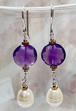 Load image into Gallery viewer, Amethyst and Freshwater Pearl Earrings in Sterling Silver
