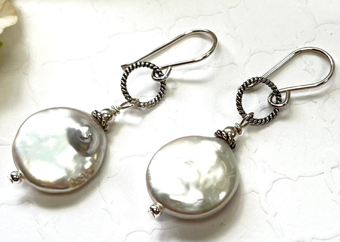 White Freshwater Coin Pearl Earrings in Sterling Silver