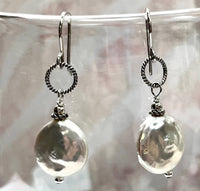 White Freshwater Coin Pearl Earrings in Sterling Silver