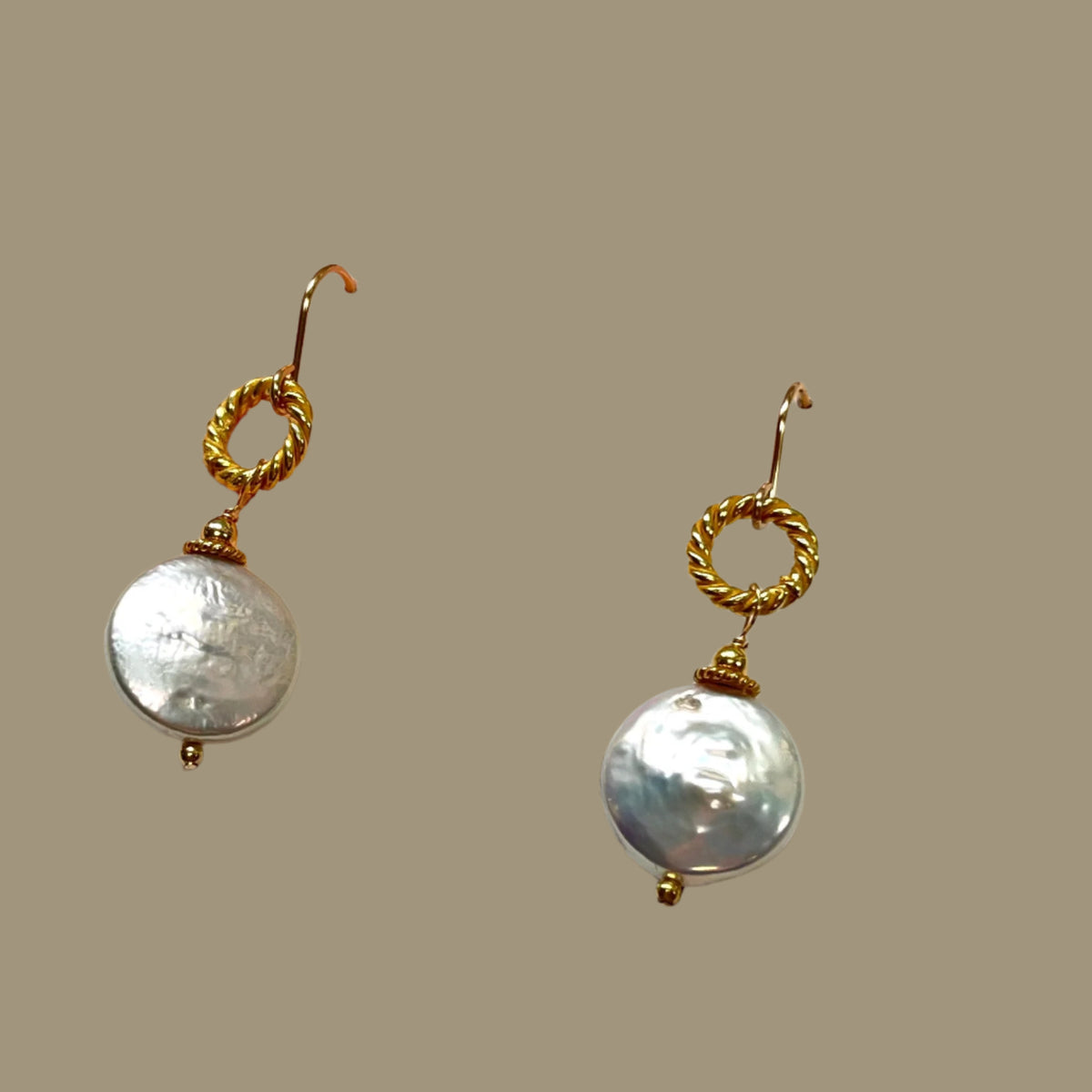 White Freshwater Coin Earrings in 24K Vermeil