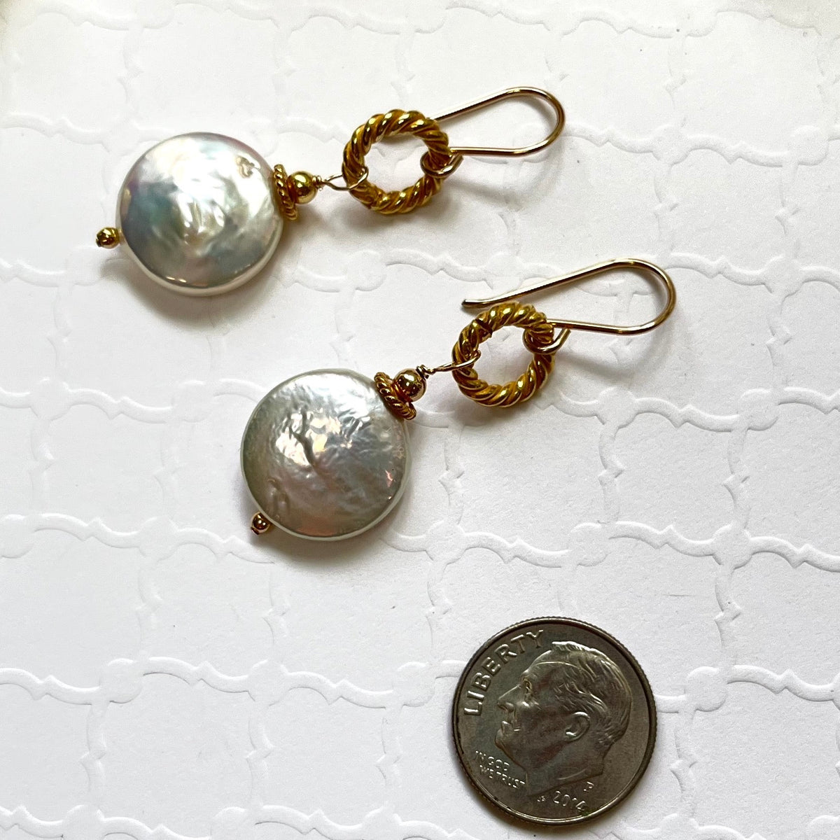 White Freshwater Coin Earrings in 24K Vermeil